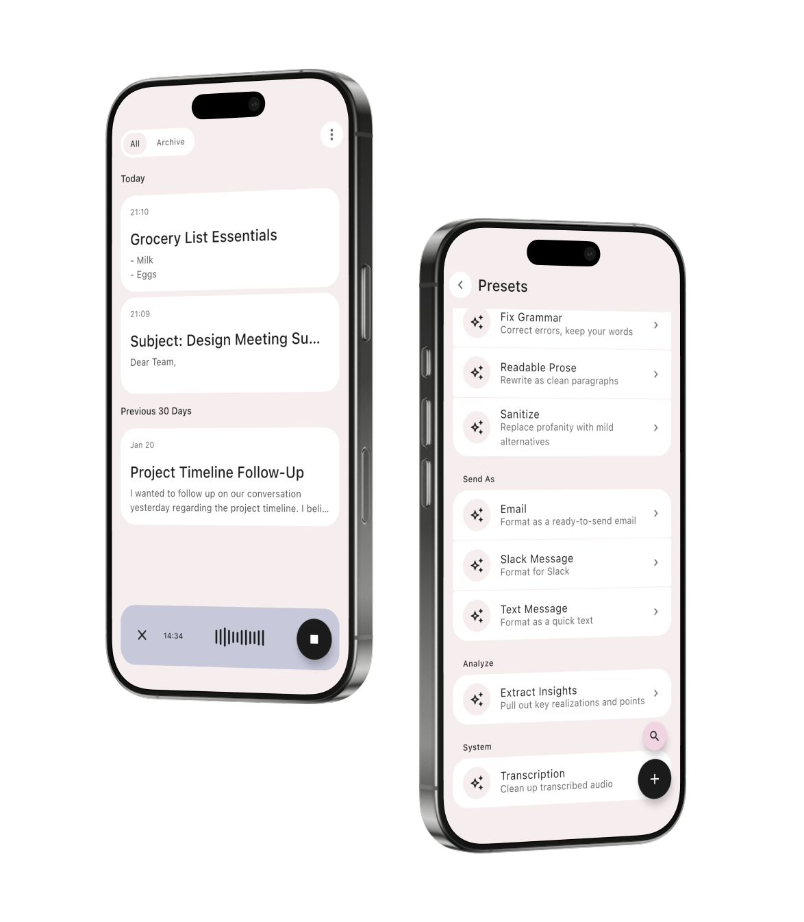 Kakera app showing memo list and presets